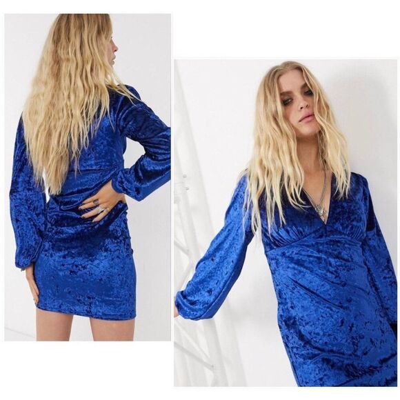 ASOS Velvet Long Sleeve Button Detail Mini Dress in Cobalt Blue - Picture 3 of 9